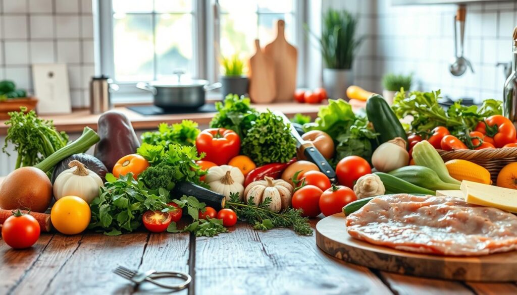 A beautifully lit kitchen scene featuring an array of fresh, low-carb ingredients arranged on a rustic wooden table. In the foreground, a selection of colorful vegetables, herbs, and lean proteins are neatly organized, suggesting the preparation of a quick, healthy meal. The middle ground showcases a cutting board with a knife, a saucepan, and other cooking utensils, hinting at the easy preparation process. The background features a window that allows natural light to flood the space, creating a warm and inviting atmosphere. The overall composition conveys a sense of simplicity, efficiency, and nutritious deliciousness, perfectly capturing the essence of "receitas rápidas" for a low-carb diet.