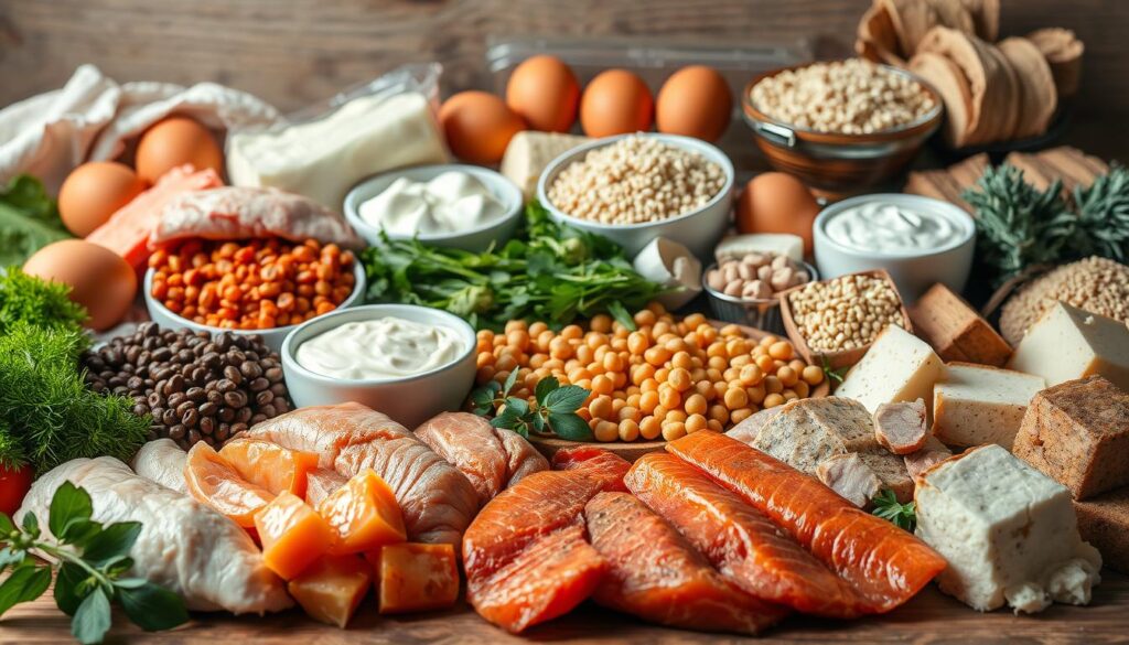 A beautifully lit still life capturing an assortment of nutrient-dense protein-rich foods. In the foreground, a variety of lean meats such as chicken breast, salmon fillets, and sirloin steak are arranged artfully. In the middle ground, an array of plant-based protein sources including lentils, chickpeas, and tofu are displayed. The background features a selection of eggs, dairy products like Greek yogurt and cottage cheese, and whole grains like quinoa and brown rice. The lighting is soft and natural, accentuating the vibrant colors and textures of the ingredients. The composition is balanced and visually appealing, highlighting the diversity and abundance of high-protein foods essential for a healthy, well-rounded diet.