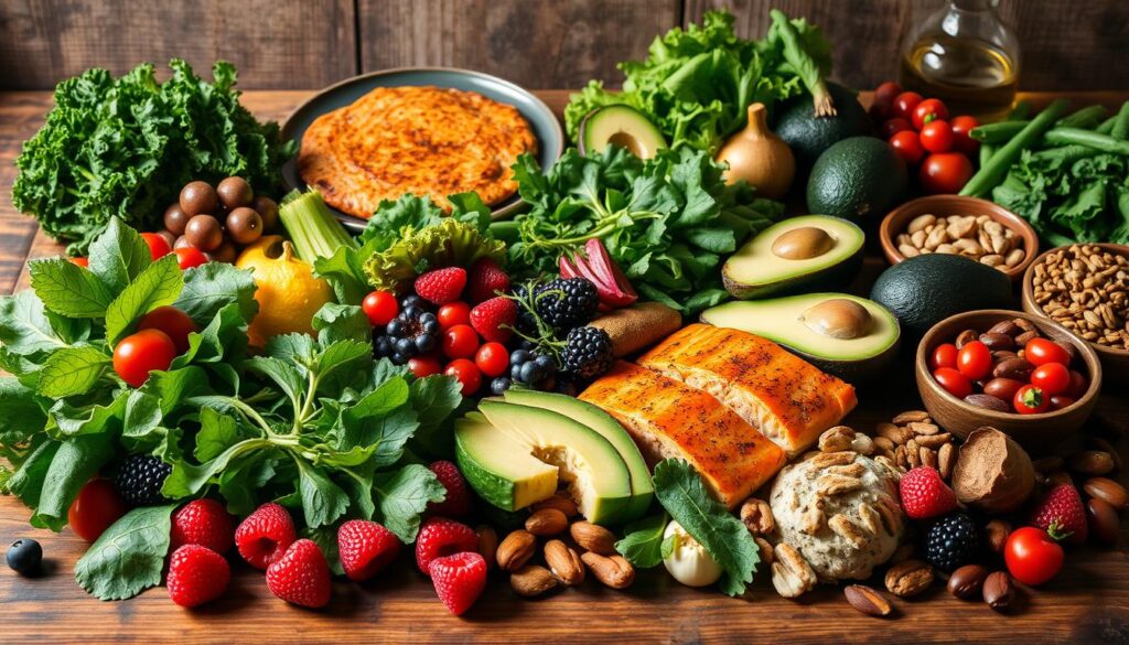 A bountiful still life of low-carb, nutrient-dense foods arranged on a rustic wooden table. In the foreground, a vibrant array of leafy greens, crisp vegetables, and juicy berries. The middle ground features lean proteins like grilled chicken and seared salmon, while the background showcases a selection of healthy fats such as avocado, olive oil, and nuts. Warm, natural lighting casts a soft glow, highlighting the rich colors and textures of the ingredients. The overall composition conveys a sense of balance, health, and culinary delight, perfectly reflecting the "Alimentos permitidos: o que priorizar no seu prato" section of the "Dieta Lowcarb: Descubra Refeições Saudáveis e Saborosas" article.