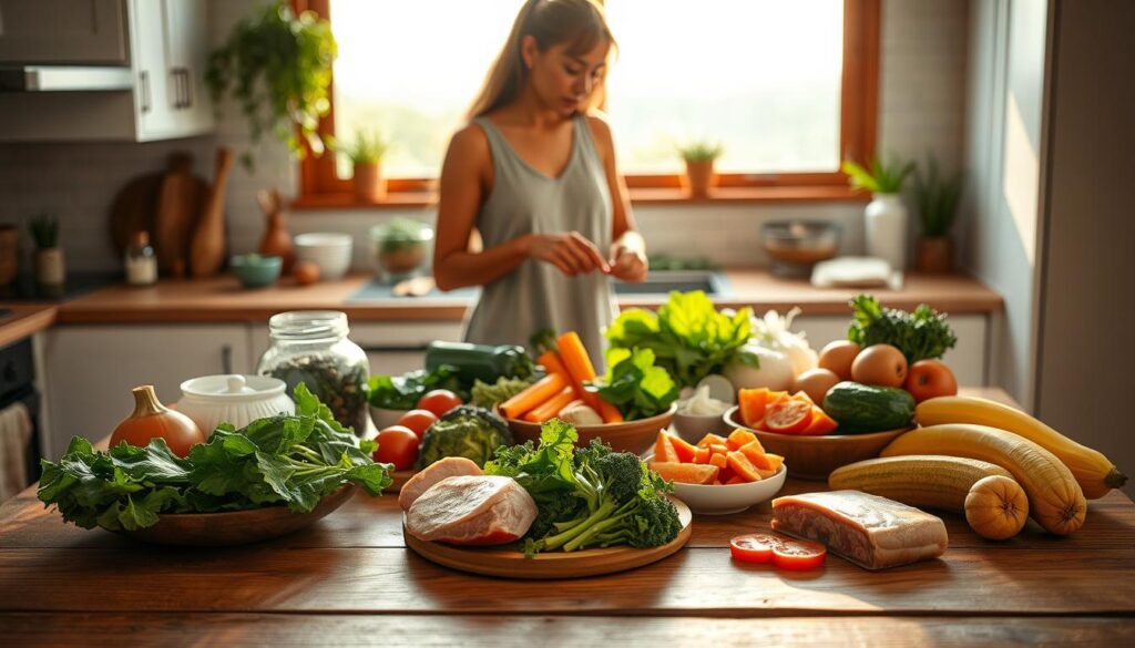 A clean, well-lit kitchen with a wooden table in the foreground, showcasing a variety of fresh, whole foods arranged in an aesthetically pleasing manner. In the middle ground, a person thoughtfully preparing a low-carb meal, surrounded by healthy ingredients like leafy greens, vegetables, and lean proteins. The background features a large window overlooking a peaceful outdoor scene, bathed in warm, natural lighting. The overall atmosphere conveys a sense of balance, nourishment, and a holistic approach to healthy eating.