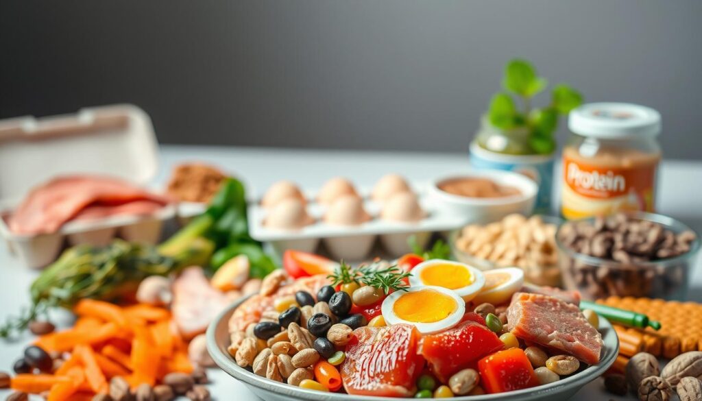 A clean, well-lit studio setting showcasing various healthy foods high in protein, such as lean meats, fish, eggs, legumes, and nuts. The foreground features a central plate or bowl filled with a balanced, colorful array of these protein-rich ingredients, arranged in an appetizing composition. The middle ground shows additional protein sources in the background, like a carton of eggs, a jar of nut butter, or a container of Greek yogurt. The lighting is soft and diffused, creating a warm, inviting atmosphere that highlights the natural textures and vibrant colors of the foods. The overall mood is one of wellness, nutrition, and the benefits of incorporating a variety of high-protein foods into a balanced, healthy diet.