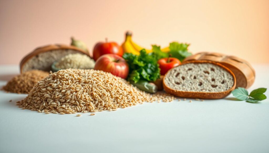 A cross-section of various carbohydrate-rich foods, artfully arranged against a clean, minimalist background. In the foreground, a selection of whole grains, such as brown rice, quinoa, and whole wheat bread, casting soft, natural shadows. In the middle ground, an assortment of vibrant fruits and vegetables, including apples, bananas, and leafy greens, creating a harmonious color palette. The background is bathed in warm, diffused lighting, emphasizing the texture and natural beauty of the ingredients. The overall composition conveys a sense of simplicity, health, and the essential role of carbohydrates in a balanced, low-carb diet.