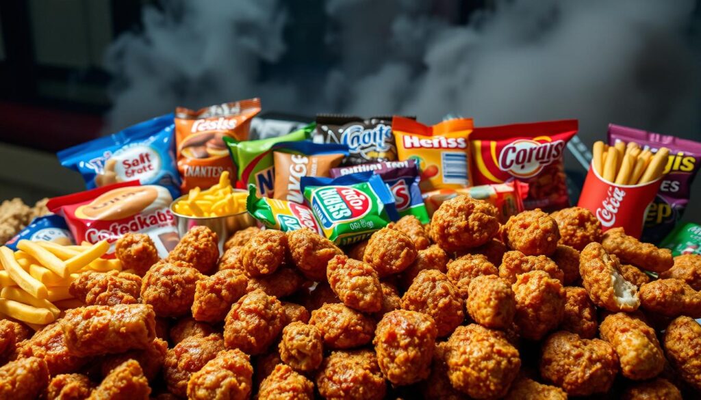 A group of highly processed, calorie-dense food items arranged in a chaotic, visually unappealing manner. In the foreground, a pile of deep-fried, greasy fast food items, such as burgers, fries, and chicken nuggets, coated in a thick layer of trans fats. In the middle ground, various packaged snacks and candies, their bright, artificial colors and excessive branding conveying an unhealthy, indulgent nature. In the background, a hazy, dimly lit setting, suggesting an unhealthy, unsustainable environment. The overall atmosphere is one of excess, indulgence, and a lack of nutritional value, reflecting the notion of "alimentos não saudáveis" that should be limited or avoided.