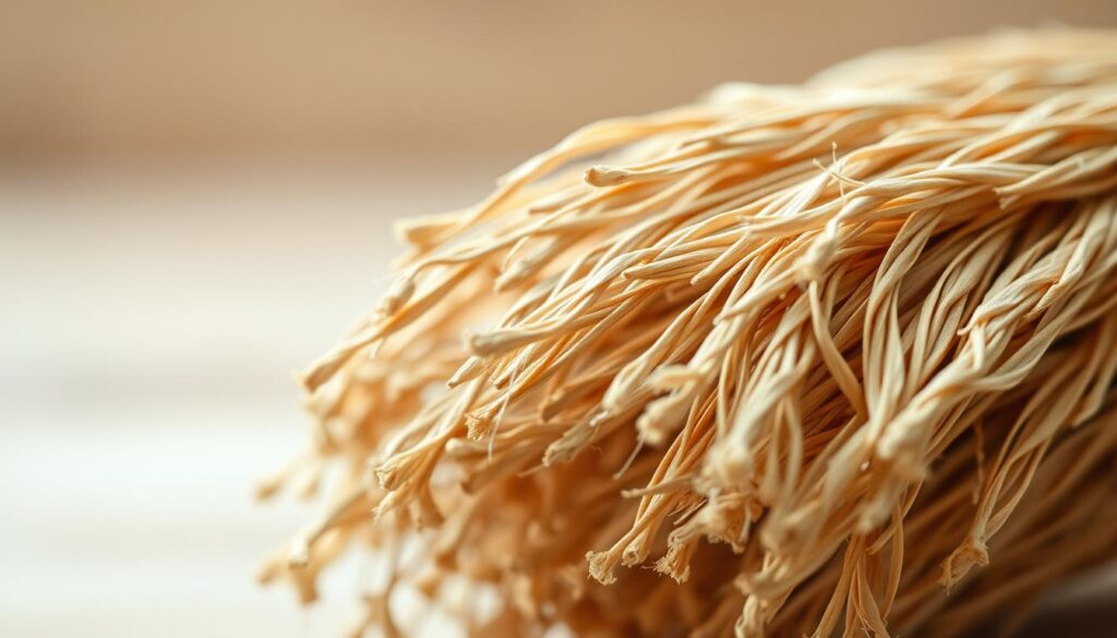 A high-resolution macro shot of a bundle of fibrous, organic plant matter against a soft, blurred background. The fibers should appear close-up, displaying their intricate, woven texture and natural earthy tones. Crisp, even lighting from the side to accentuate the fiber structures. Shallow depth of field to keep the focus on the detailed foreground. A serene, minimalist composition that conveys the essential, nourishing qualities of dietary fiber.