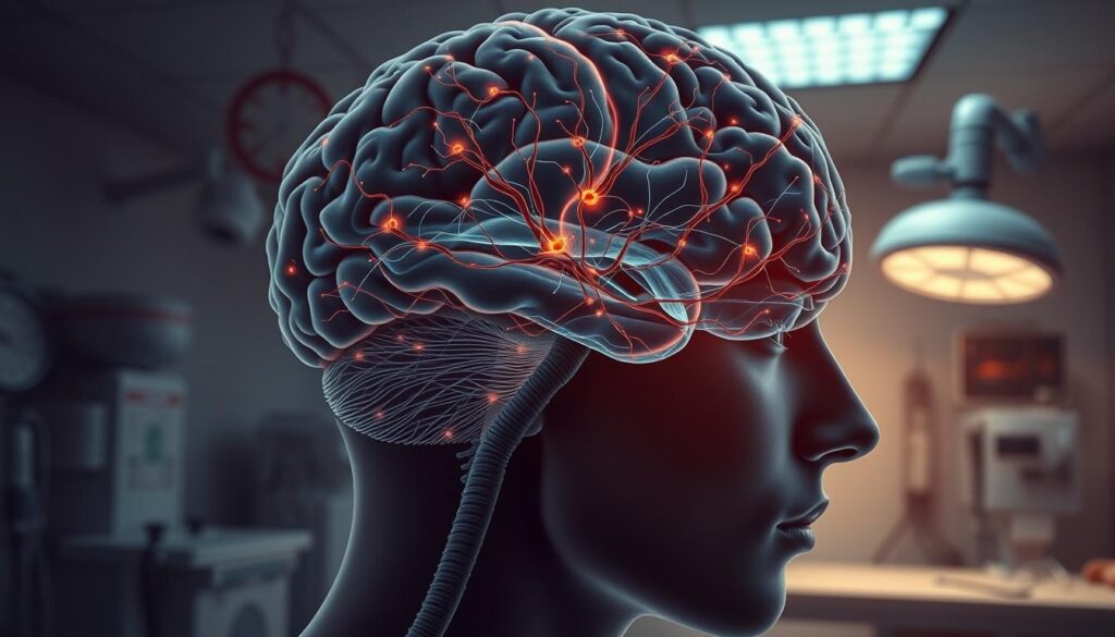 A highly detailed and realistic illustration of the medical condition "epilepsia". The focal point is a close-up view of a person's brain, with intricate neural pathways and synaptic activity visually represented. The background features a clinical, sterile environment with medical equipment and instruments, conveying a sense of the scientific and medical aspects of this condition. Subtle warm lighting illuminates the scene, creating a pensive and thoughtful atmosphere. The overall composition emphasizes the complexities and nuances of epilepsia, reflecting the current scientific understanding of this neurological disorder.