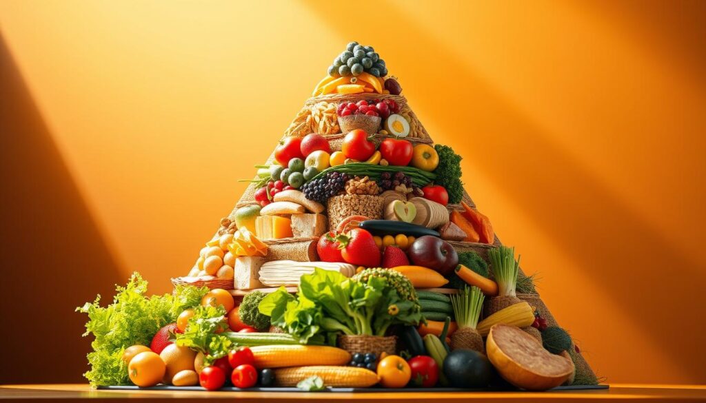 A majestic, three-tiered food pyramid stands proudly against a warm, sunlit backdrop. The base features a vibrant array of fruits and vegetables, bursting with color and vitality. The middle tier showcases whole grains, lean proteins, and dairy products, while the top tier highlights smaller portions of oils, sweets, and processed foods. The lighting is soft and natural, casting gentle shadows that accentuate the pyramid's dimensional structure. The composition is balanced and symmetrical, conveying a sense of harmony and order. This image encapsulates the guiding principles of a healthy, well-rounded diet, as recommended by the World Health Organization's dietary guidelines.