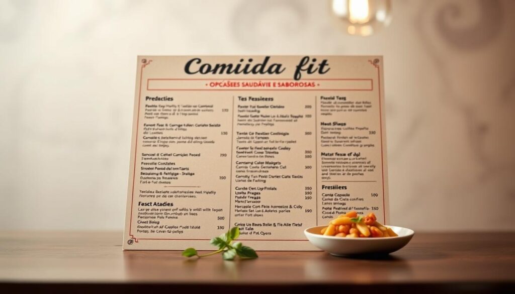 A meticulously crafted menu layout against a soft, blurred background. The menu items are neatly arranged, showcasing various healthy and delicious fit food options. The design is visually appealing, with a clean and minimalist aesthetic that complements the "Comida fit: Opções Saudáveis e Saborosas" theme. The lighting is soft and diffused, creating a warm and inviting atmosphere. The camera angle is slightly elevated, providing a clear and comprehensive view of the menu. The overall composition and attention to detail convey the care and thought put into curating a menu that caters to diverse tastes and dietary preferences.