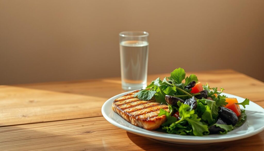 A meticulously prepared low-carb meal on a wooden table, illuminated by warm, natural lighting. In the foreground, a plate showcases a balanced assortment of grilled protein, leafy greens, and vibrant vegetables. In the middle ground, a glass of refreshing water accompanies the dish, while in the background, a minimalist, earthy-toned setting creates a calming, healthy atmosphere. The overall composition conveys the simplicity and nourishing essence of the low-carb dietary approach.