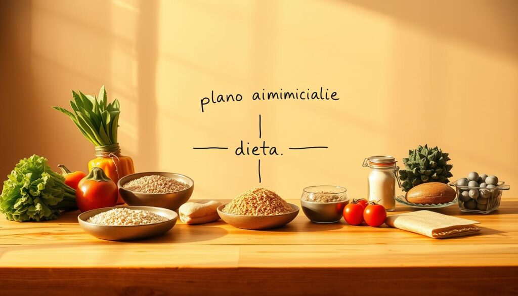 A minimalistic illustration depicting a balanced, nutritious meal plan. In the foreground, an orderly arrangement of fresh produce, grains, and protein sources on a clean, wooden table, captured in warm, natural lighting. The middle ground features a simple, hand-drawn graphic or infographic outlining the key components of a well-rounded dietary plan, with clear distinctions between "plano alimentar" and "dieta". The background maintains a serene, earthy tone, suggesting the holistic, sustainable nature of a personalized eating strategy for healthy living.