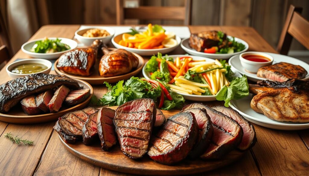 A mouthwatering display of a carnivorous diet menu, shot in natural light with a soft, warm focus. In the foreground, an arrangement of juicy steaks, succulent roasted chicken, and flavorful pork chops, expertly prepared and plated. The middle ground showcases an assortment of fresh salads, crisp vegetables, and flavorful sauces, complementing the main dishes. The background features a rustic wooden table, with a linen tablecloth and a simple, elegant table setting, creating a cozy and inviting atmosphere. The overall scene conveys the balance and health of a well-planned carnivorous diet, making it an essential guide for the reader to create their own delicious and satisfying menu.