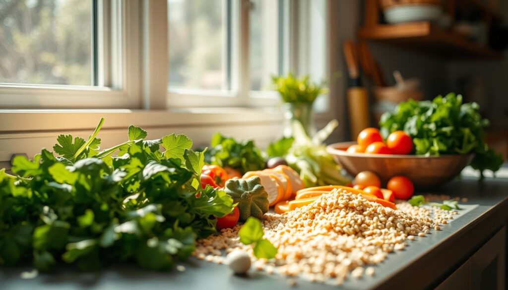 A sunlit kitchen counter displays an artfully arranged selection of fresh, wholesome ingredients - crisp leafy greens, vibrant vegetables, lean protein, and a scattering of whole grains. The lighting is natural and softly diffused, creating a warm, inviting atmosphere. The camera angle captures the scene from a slight elevated perspective, emphasizing the balanced proportions and visual appeal of the dish being assembled. The overall composition conveys a sense of nourishment, simplicity, and mindful meal preparation, in line with the "50/25/25" healthy eating principle.