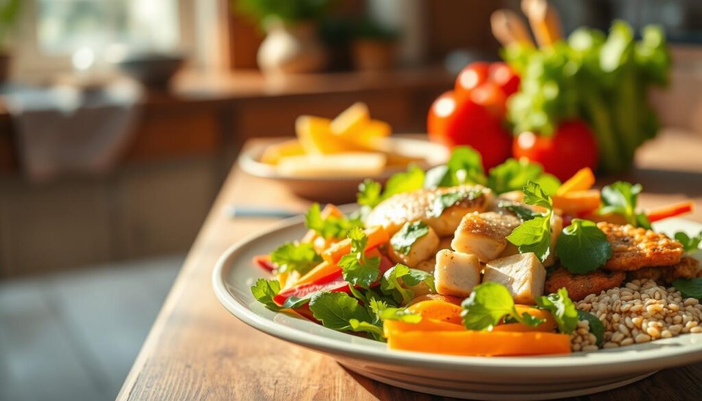 A vibrant, carefully composed scene showcasing a balanced, nutritious meal. In the foreground, a plate artfully arranged with fresh, colorful vegetables, lean protein, and whole grains, bathed in warm, natural lighting. The middle ground features a wooden table with simple, rustic tableware, conveying a sense of homemade, wholesome preparation. In the background, a softly blurred kitchen or dining area, hinting at the care and attention given to crafting this nourishing dish. The overall mood is one of simplicity, healthfulness, and a celebration of natural, unprocessed ingredients coming together in a visually appealing and appetizing manner.