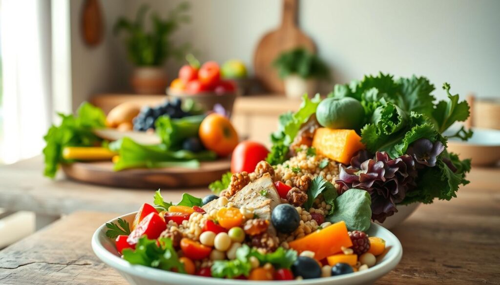 A vibrant, inviting scene of a healthy, sustainable meal. In the foreground, an artfully arranged plate showcases a colorful array of fresh, whole foods - crisp vegetables, juicy fruits, hearty grains, and lean protein. Soft, natural lighting illuminates the textures and highlights the dish's visual appeal. In the middle ground, a wooden table or rustic surface provides a simple, earthy backdrop, allowing the food to take center stage. The background suggests a serene, minimalist kitchen or dining space, with clean lines and muted tones creating a calming, comfortable atmosphere. The overall mood is one of nourishment, balance, and a celebration of the beauty of wholesome, responsibly sourced ingredients.