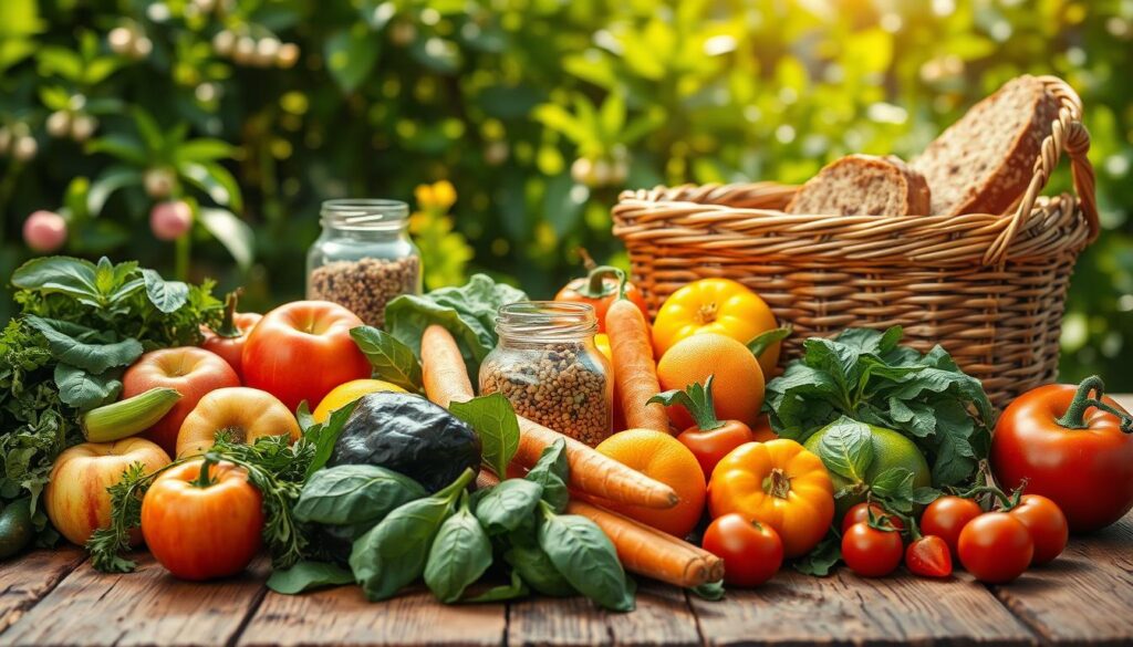 A vibrant, mouthwatering still life of healthy, seasonal foods arranged on a rustic wooden table. In the foreground, a variety of colorful, freshly picked fruits and vegetables such as apples, oranges, carrots, spinach, and tomatoes. In the middle ground, a glass jar filled with grains or legumes, complemented by a wicker basket of whole grain bread. The background features a lush, verdant garden setting, with sunlight filtering through the leaves and casting a warm, natural glow on the scene. The composition is balanced and visually appealing, evoking a sense of nourishment, vitality, and the beauty of wholesome, plant-based cuisine. Crisp, high-resolution details, with a focus on textures, colors, and natural lighting.