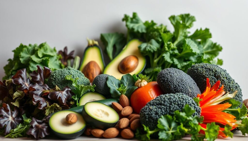 A vibrant still life capturing an assortment of low-carb foods. In the foreground, a variety of vegetables such as leafy greens, zucchini, and broccoli are artfully arranged, their crisp textures and vivid colors creating a visually striking composition. In the middle ground, a few slices of avocado and a handful of almonds add healthy fats and proteins. The background features a neutral, minimalist backdrop, allowing the natural hues of the food to take center stage. Soft, diffused lighting casts gentle shadows, highlighting the organic shapes and emphasizing the fresh, wholesome nature of the scene. The overall mood is one of simplicity, health, and culinary inspiration, perfectly encapsulating the essence of low-carb living.