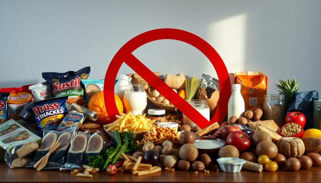 A vibrant still life depicting an array of foods to be avoided on a ketogenic diet. In the foreground, a collection of processed snacks, sugary treats, and high-carb items like bread, pasta, and potatoes, cast in a dim, cautionary light. In the middle ground, a variety of dairy products, fruits, and starchy vegetables, symbolizing the temptations to be resisted. In the background, a clean, minimalist backdrop, accentuating the focus on the forbidden foods. The lighting is soft and natural, creating a contemplative mood, encouraging the viewer to consider the dietary pitfalls and make mindful choices. The composition is balanced and visually striking, reflecting the importance of this dietary information.