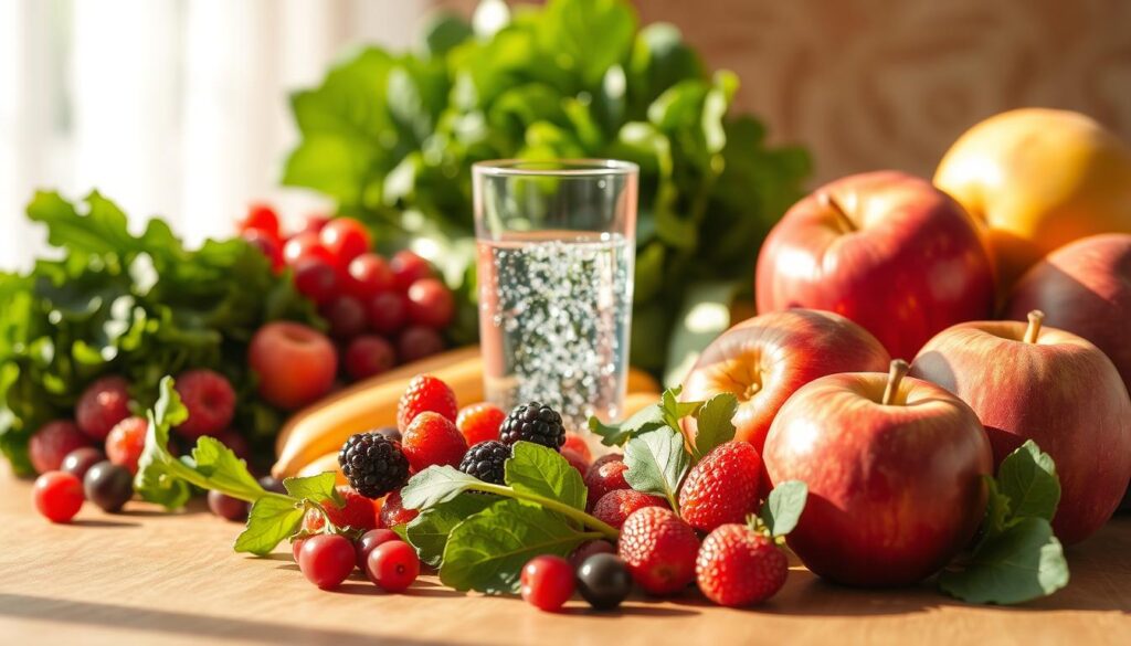 A vibrant, sunlit still life showcasing the health benefits of the "saúde" concept. In the foreground, an array of fresh, colorful fruits and vegetables - leafy greens, vibrant berries, crisp apples - arranged artistically. In the middle ground, a glass of clear, sparkling water, reflecting the natural light. The background features a warm, wooden table surface, with a soft, blurred pattern to draw the eye towards the central subjects. The lighting is soft and diffused, creating a natural, serene ambiance. The overall composition conveys a sense of nourishment, wellness, and the joyful celebration of wholesome, healthy living.
