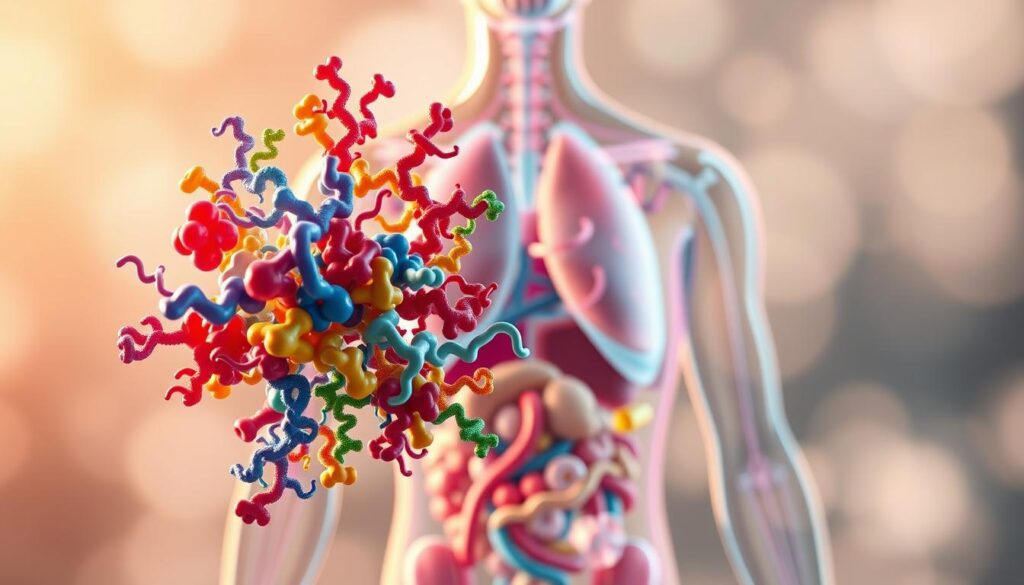 A vibrant, three-dimensional illustration showcasing the functions of proteins within the human body. In the foreground, a cluster of diverse protein structures, their shapes and colors representing their unique roles - structural support, enzymatic catalysis, transport, and signaling. In the middle ground, a cross-section of the human torso, with organs and tissues rendered in semi-transparent layers, highlighting the widespread presence and critical functions of proteins. The background depicts a soft, hazy gradient, conveying a sense of the unseen, intricate processes occurring at the cellular level. Warm lighting from the side casts gentle shadows, adding depth and dimensionality to the scene. The overall composition effectively communicates the central importance of proteins in maintaining the health and function of the human body.