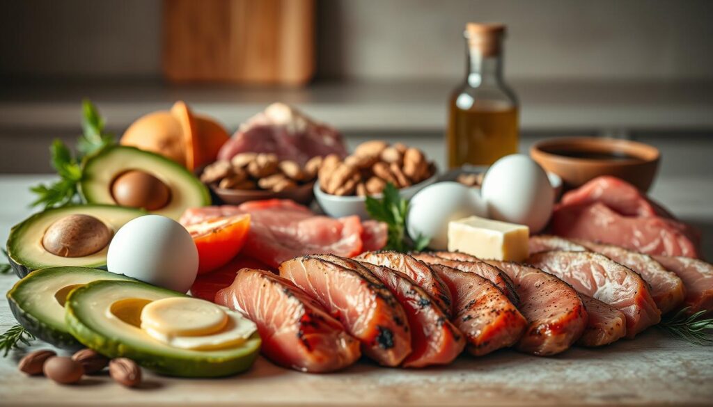 An artfully composed still life showcasing a balanced array of protein and fat sources, backlit by warm, natural lighting. In the foreground, lean cuts of meat, perfectly seared, are arranged alongside avocado slices, whole eggs, and a dollop of creamy butter. The middle ground features a selection of nuts, seeds, and olive oil, while the background subtly hints at a minimalist kitchen counter or table, allowing the subjects to take center stage. The overall composition emphasizes the harmony and synergy between these essential macronutrients, inviting the viewer to consider how to optimize their intake for optimal health and performance.