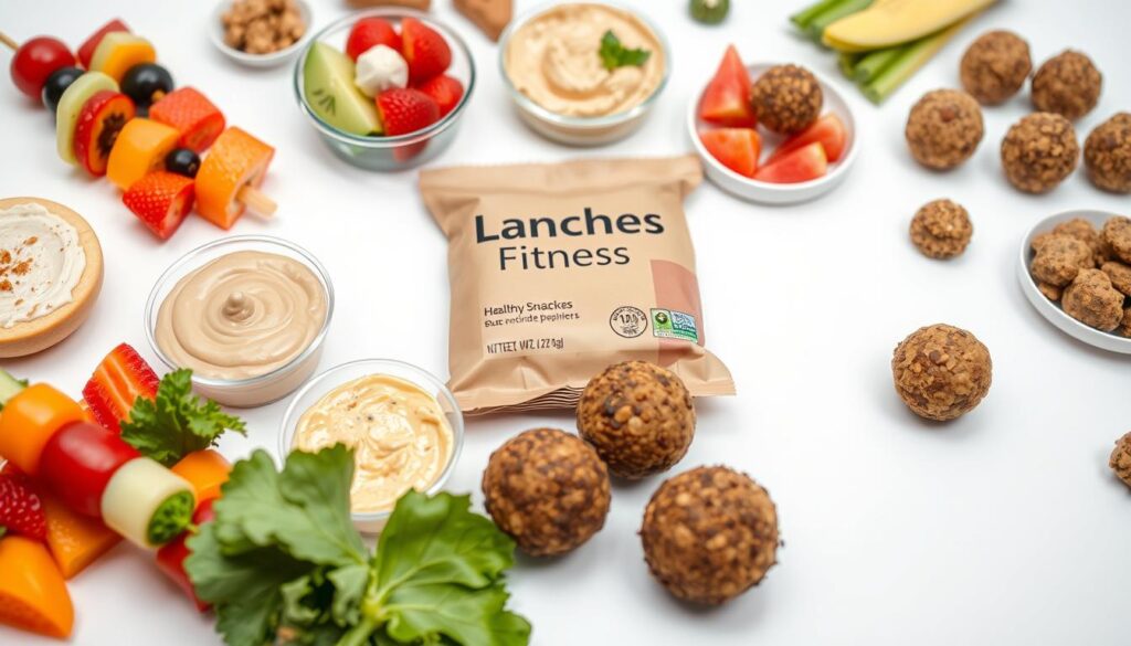 Detailed, mouthwatering close-up of an assortment of healthy, fitness-focused snacks arranged on a bright white background. In the foreground, a variety of colorful, nutrient-dense bites such as fresh fruit skewers, vegetable and hummus cups, protein bars, and energy balls. The middle ground features a sleek, minimalist snack packaging design in earthy tones, displaying the "Lanches Fitness" brand. Soft, even lighting illuminates the scene, emphasizing the natural textures and vibrant colors of the healthy treats. The overall mood is clean, inviting, and aspirational, encouraging the viewer to indulge in delicious, wholesome on-the-go snacking.