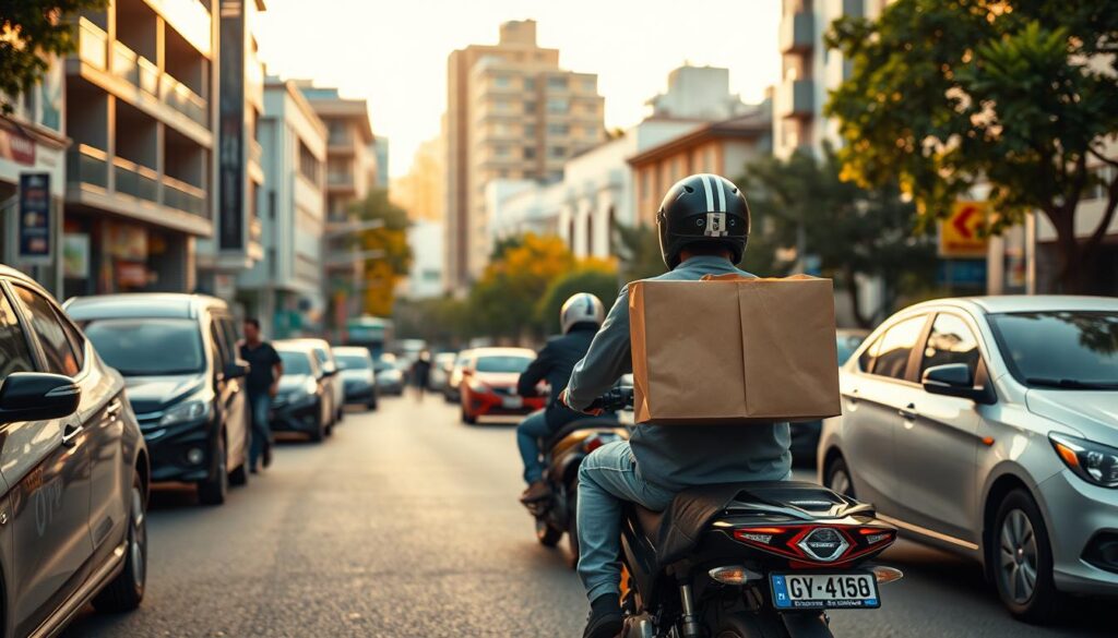 Entrega região paulo: A tranquil urban scene with a focus on food delivery. A bustling city street in the foreground, with parked vehicles and pedestrians going about their day. In the middle ground, a food delivery rider on a motorbike navigates the traffic, carrying a paper bag of what appears to be a healthy, fit meal. The background features a mix of modern and traditional architecture, creating a sense of a vibrant, diverse neighborhood. The lighting is natural, with a warm, golden tone that conveys a sense of comfort and accessibility. The overall mood is one of efficiency, convenience, and a commitment to nutritious, wholesome food options.