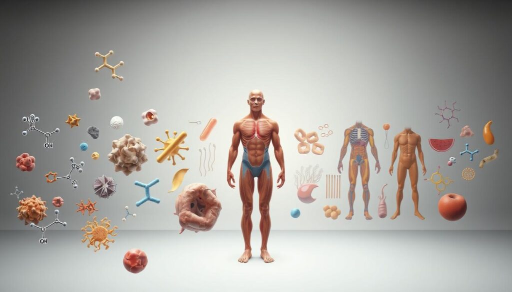 Highly detailed, anatomically accurate illustration of the functions and roles of proteins in the human body. Foreground depicts various protein structures, enzymes, and amino acids, rendered in a realistic, scientific style. Middle ground shows the different bodily systems and organs that proteins support, including muscles, tissues, and cells. Background features a clean, minimalist setting with soft lighting and a neutral color palette to emphasize the subject matter. Overall, the image conveys the importance of proteins for maintaining health, strength, and proper bodily function.