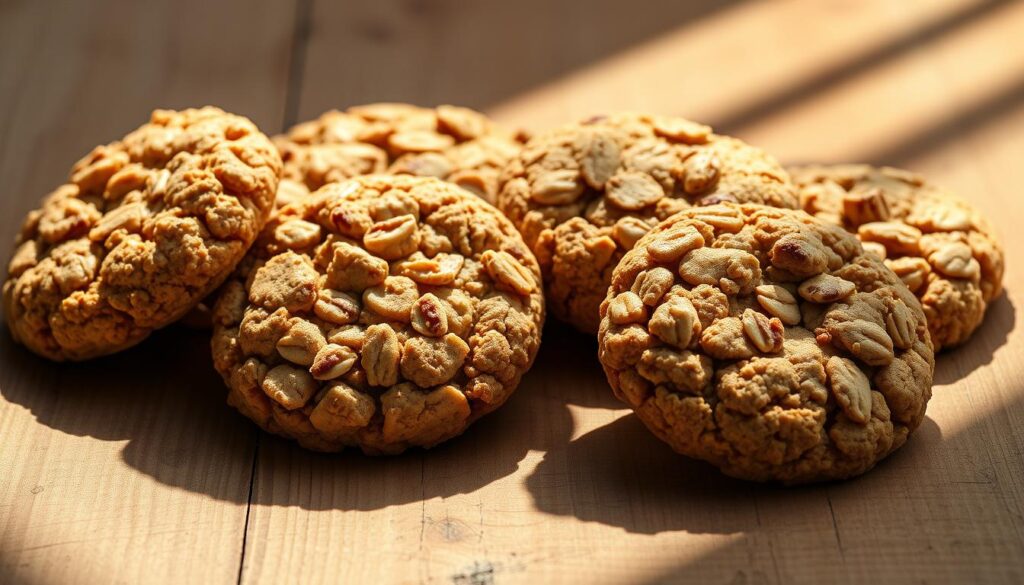 Perfectly baked oatmeal cookies, their golden-brown crust glistening under soft, warm lighting. Crumbly yet chewy texture, with flecks of toasted oats and a hint of cinnamon. Arranged artfully on a rustic wooden surface, casting long shadows that add depth and dimension. The cookies exude a sense of comforting indulgence, a healthier alternative to satisfy sweet cravings. A clean, minimalist background allows the focus to remain on the delectable baked treats, their natural beauty shining through.