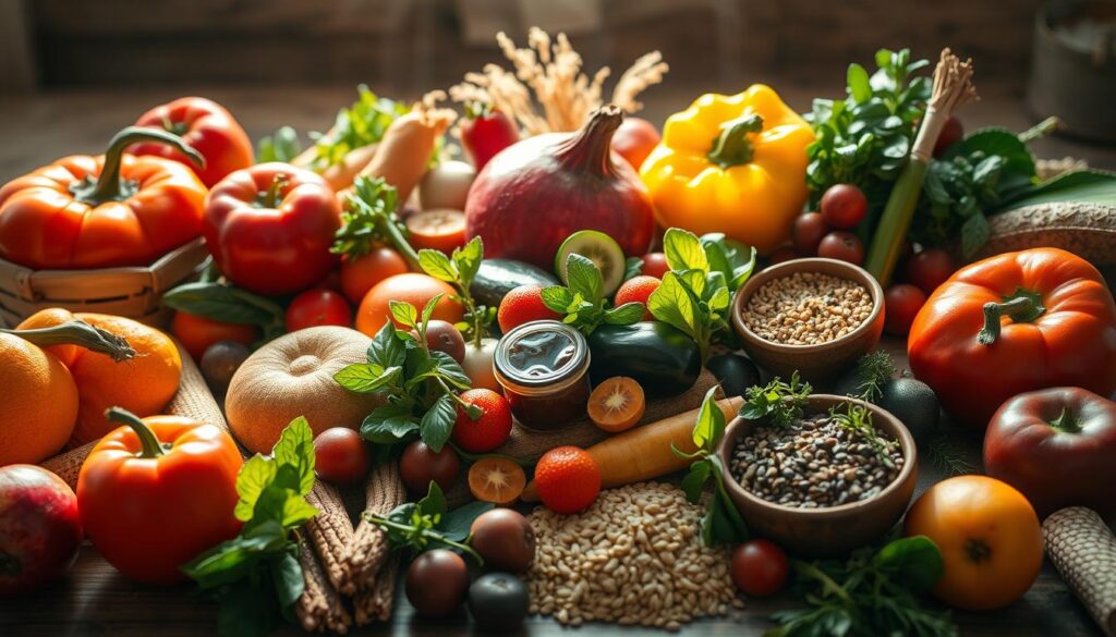 Vibrant produce and nourishing ingredients arranged in a harmonious still life, illuminated by warm, natural lighting. A central focal point of fresh fruit, vegetables, and whole grains, surrounded by supporting elements like leafy greens, herbs, and wooden accents. The composition evokes a sense of balance, vitality, and the beauty of simple, wholesome fare. Soft shadows and a slightly hazy, dreamlike atmosphere create an inviting, tranquil mood, inspiring contemplation of the power of mindful, healthy eating.