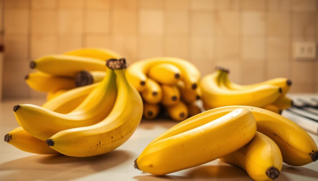 A brightly lit kitchen counter showcases an array of ripe, yellow bananas. The bananas are carefully selected, their skins slightly speckled, indicating perfect ripeness for a homemade banana preserve recipe. The foreground features a few bananas arranged in a visually appealing composition, with soft shadows cast by the overhead lighting. In the middle ground, additional bunches of bananas are grouped, ready to be peeled and prepared. The background subtly fades into a warm, neutral tone, emphasizing the rustic, homemade nature of the scene. The overall lighting is soft and natural, casting a golden glow that enhances the rich colors of the fruit. The mood is one of culinary anticipation, as these carefully chosen bananas are about to become the star ingredient in a delectable homemade treat. A brightly lit kitchen counter showcases an array of ripe, yellow bananas. The bananas are carefully selected, their skins slightly speckled, indicating perfect ripeness for a homemade banana preserve recipe. The foreground features a few bananas arranged in a visually appealing composition, with soft shadows cast by the overhead lighting. In the middle ground, additional bunches of bananas are grouped, ready to be peeled and prepared. The background subtly fades into a warm, neutral tone, emphasizing the rustic, homemade nature of the scene. The overall lighting is soft and natural, casting a golden glow that enhances the rich colors of the fruit. The mood is one of culinary anticipation, as these carefully chosen bananas are about to become the star ingredient in a delectable homemade treat.