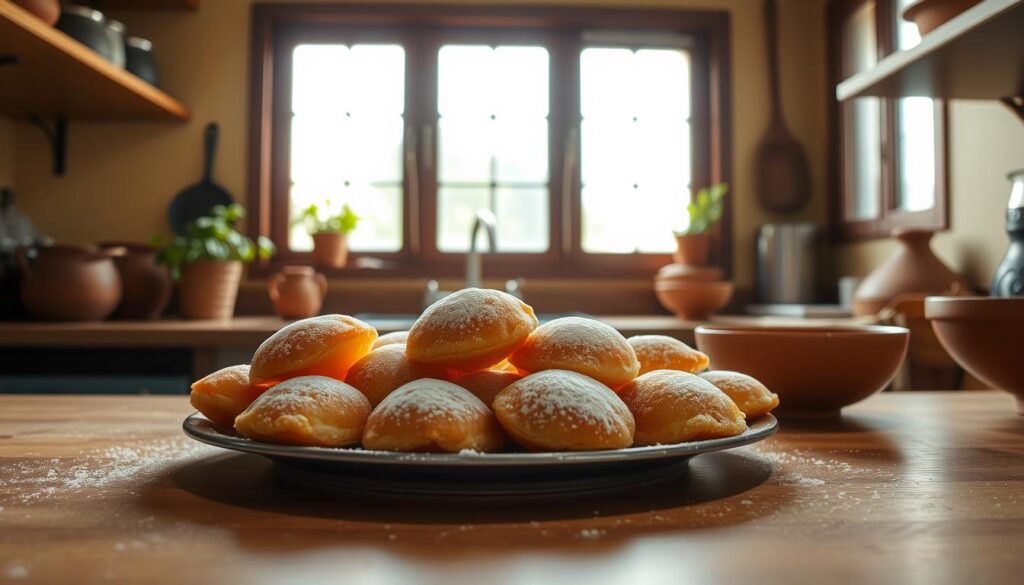 A cozy kitchen interior, bathed in warm, natural lighting from a large window. On the countertop, a plate of freshly fried "bolinho de chuva" (Brazilian raindrop cakes), their golden-brown exteriors dusted with powdered sugar. The cakes are arranged artfully, complemented by a simple, rustic setting - wooden surfaces, earthenware bowls, and a potted herb on the windowsill. The scene exudes a sense of homespun tradition and comfort, inviting the viewer to imagine the familiar aromas and flavors of this beloved Brazilian treat.
