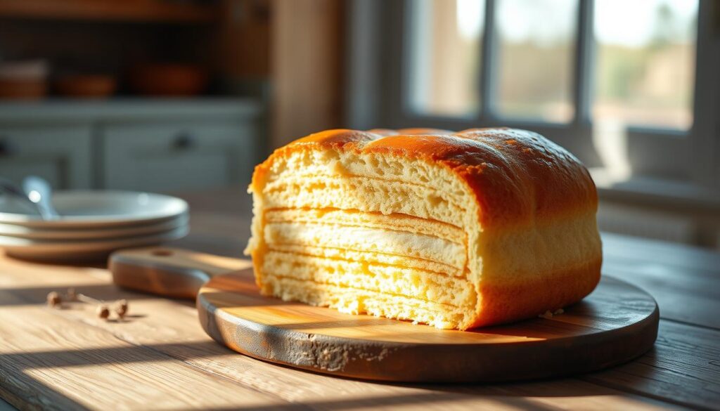 A decadent low-carb bolo, gleaming with a lightly browned, buttery crust. Delicate layers of fluffy, protein-rich sponge cake, infused with the fragrant essence of vanilla and gently sweetened with a hint of zero-calorie sweetener. Nested atop a rustic wooden board, the bolo is illuminated by soft, natural lighting from a large window, casting subtle shadows that accentuate its elegant simplicity. The scene exudes a comforting, homemade aura, inviting the viewer to indulge in this guilt-free, nutritious treat that challenges the boundaries of traditional desserts.