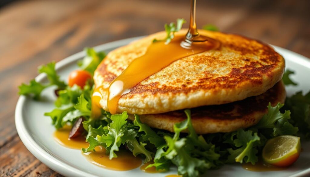 A delectable low-carb pancake, drizzled with a golden honey glaze, nestled atop a crisp green salad. The pancake's fluffy texture and subtle sweetness are accentuated by the vibrant greens and tangy vinaigrette, creating a harmonious balance of flavors. Soft lighting illuminates the scene, casting a warm glow that enhances the dish's inviting appearance. The composition is arranged with care, showcasing the pancake's benefits as a healthy and delicious alternative to traditional high-carb options. This image captures the essence of the "Panqueca Low Carb: Uma Opción Saudável e Deliciosa" article, highlighting the introduction and key benefits of this nutritious treat.