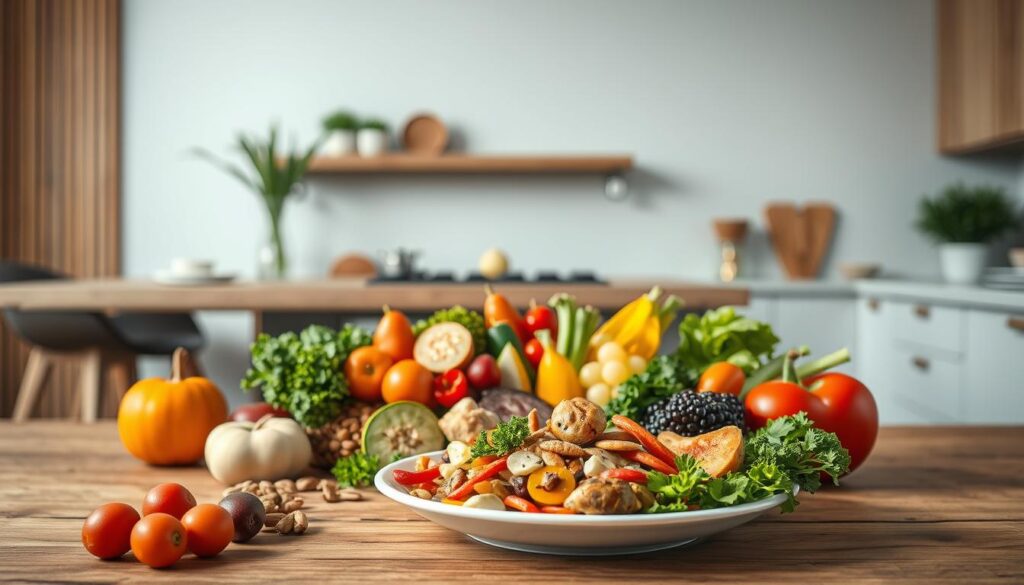 A minimalist and clean composition featuring a vibrant, low-carb food pyramid in the foreground, with carefully arranged healthy ingredients such as vegetables, fruits, nuts, and lean proteins. The middle ground showcases a simple, elegant plate displaying a low-carb dish, while the background depicts a modern, well-lit kitchen setting with wooden accents, providing a sense of warmth and wellness. The overall scene conveys a balanced, nutritious, and visually appealing low-carb lifestyle.