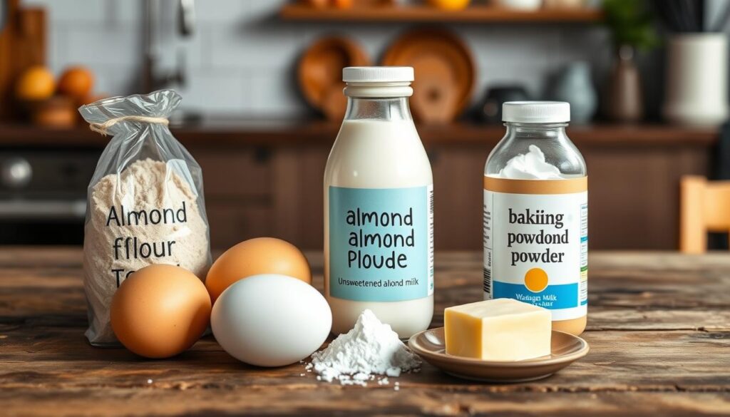 A neatly arranged still life showcasing the key ingredients for low-carb pancakes: almond flour, eggs, unsweetened almond milk, baking powder, and a pat of butter. The items are displayed on a rustic wooden table, with soft, natural lighting highlighting the textures and colors. In the background, a blurred kitchen scene suggests a cozy, home-like atmosphere. The image conveys a sense of simplicity, health, and culinary craftsmanship, perfectly suited to illustrate the "Ingredientes e Materiais Necessários" section of the "Panqueca Low Carb: Uma Opção Saudável e Deliciosa" article.