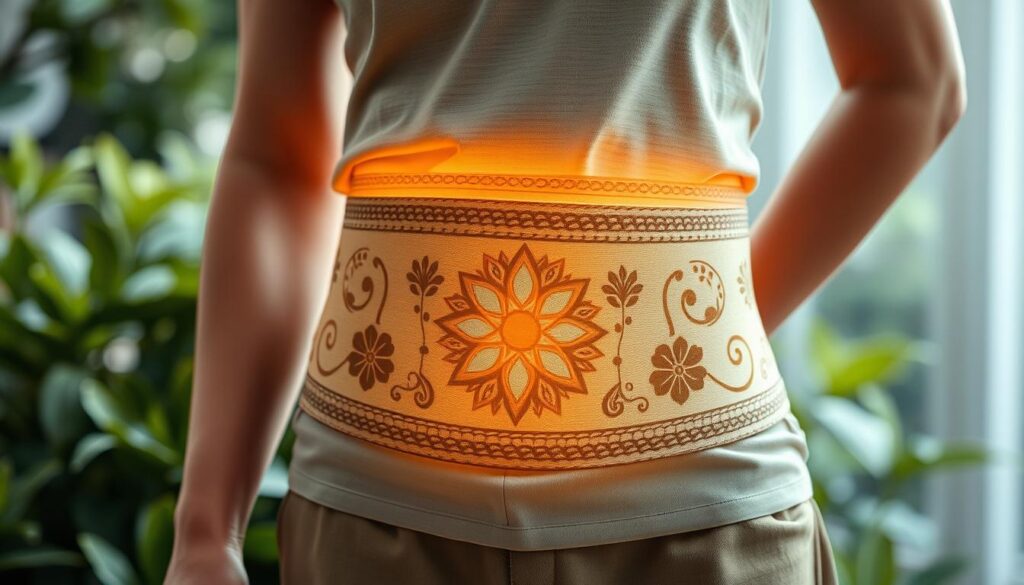 A nutritional belt made of high-quality, organic materials gently wraps around a person's waist, radiating a warm, soothing energy. The belt's design features intricate patterns and symbols that symbolize the harmony between physical, mental, and spiritual well-being. Soft, diffused lighting casts a gentle glow, accentuating the belt's natural textures and colors. The person's posture is relaxed and serene, their face reflecting a sense of renewed vitality and balance. The background is a serene, nature-inspired setting, with lush greenery and a calming, muted color palette that complements the belt's design.