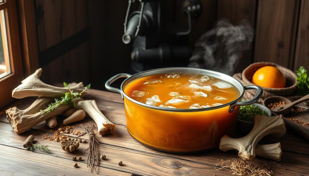 A rustic, wooden table is adorned with a large, steaming pot of homemade bone broth. The rich, golden liquid gently bubbles, releasing a tantalizing aroma of herbs and spices. Surrounding the pot are various ingredients - beef bones, vegetables, and aromatic seasonings - showcasing the traditional process of creating this nourishing, historic elixir. The scene is illuminated by soft, natural lighting, highlighting the earthy tones and capturing the comforting, authentic essence of this time-honored recipe. The overall mood evokes a sense of tradition, wellness, and the care and effort that goes into crafting this beloved, wholesome "caldo de ossos".