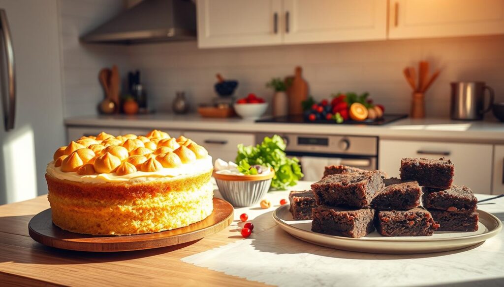 A sun-dappled kitchen counter, adorned with vibrant low-carb baked goods - a fluffy, golden-crumbed cake, moist muffins, and a tray of rich, decadent brownies. Atop the counter, an array of fresh ingredients like berries, nuts, and leafy greens, hinting at the nutritious benefits of a low-carb lifestyle. Warm, natural lighting casts a cozy glow, while clean, minimalist cabinetry and appliances create a sense of balance and sophistication. The overall scene conveys the pleasures and advantages of a low-carb diet, where delectable treats and wholesome nourishment coexist harmoniously.
