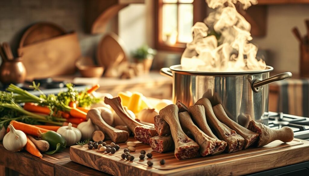 A traditional bone broth preparation scene, captured in a warm, earthy tone. In the foreground, a large stock pot simmers atop a rustic stove, steam rising gently. Surrounding the pot, an assortment of aromatic vegetables, herbs, and spices are meticulously arranged - carrots, onions, garlic, peppercorns, and bay leaves. In the middle ground, a weathered wooden cutting board holds a collection of beef bones, some already simmering in the pot, others waiting to be added. The background features a cozy kitchen, with sunlight filtering in through a window, casting a soft, golden glow over the scene. The overall mood is one of comforting tradition, nourishment, and the care taken in the preparation of a restorative bone broth.