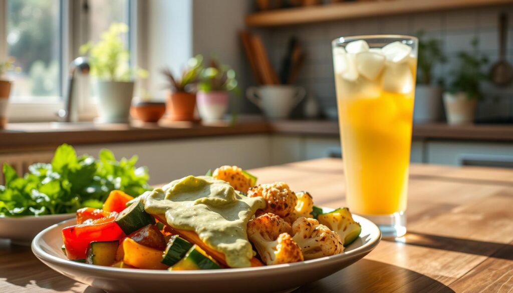 A vibrant, appetizing scene of a low-carb meal. In the foreground, a plate featuring a hearty serving of roasted vegetables, such as zucchini, bell peppers, and cauliflower, drizzled with a creamy avocado dressing. In the middle ground, a glass of refreshing unsweetened iced tea, complementing the fresh, wholesome flavors. The background showcases a serene, sun-dappled kitchen, with natural wood accents and potted herbs on the windowsill, conveying a sense of simplicity and wellness. The overall mood is one of nourishment, balance, and a celebration of the low-carb lifestyle.